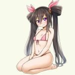  1girl ariane ariane_cevaille barefoot bikini black_hair blush breasts full_body hair_between_eyes hair_ribbon half_updo highres long_hair navel original pas_(paxiti) photoshop pink_bikini ribbon seiza sitting small_breasts smile solo strap_gap swimsuit twintails very_long_hair violet_eyes 