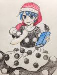  1girl bangs blue_eyes blue_hair blush book commentary_request cowboy_shot doremy_sweet efukei eyebrows_visible_through_hair hand_up hat holding holding_book looking_at_viewer open_mouth pom_pom_(clothes) red_hat short_sleeves smile solo tail tapir_tail touhou traditional_media 