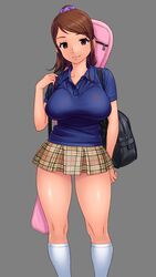  1girl bag breasts brown_eyes brown_hair gakuenichi_no_bishoujo_jk_to_enkou_shitemitara_sumashita_kao_kara_wa_souzou_mo_tsukanai_tondemonai_sex_ga_matteita!! highres kneehighs large_breasts long_hair looking_at_viewer miniskirt original polo_shirt ponytail red-p school_bag school_uniform scrunchie skirt smile solo standing tachi-e thighs white_legwear 