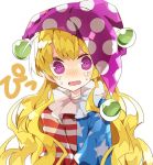  1girl @_@ american_flag_shirt blonde_hair clownpiece commentary_request fang hat jester_cap long_hair looking_at_viewer neck_ruff nikorashi-ka polka_dot shirt simple_background solo star star_print striped tears touhou upper_body wavy_mouth white_background 