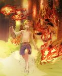  1boy bare_shoulders barefoot belt collarbone fire forest holding kitsune_n link male_focus nature navel running shirtless shorts smile solo the_legend_of_zelda the_legend_of_zelda:_breath_of_the_wild topless 