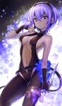  1girl assassin_(fate/prototype_fragments) bangs bare_shoulders black_gloves breasts dark_skin fate/grand_order fate/prototype fate/prototype:_fragments_of_blue_and_silver fate_(series) fingerless_gloves gloves hairband hayama_eishi knife looking_at_viewer medium_breasts navel purple_hair short_hair solo violet_eyes 