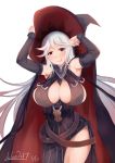  1girl bare_shoulders blush breasts brown_eyes cleavage dated detached_sleeves granblue_fantasy highres huge_breasts light_smile long_hair looking_at_viewer lslee magisa_(granblue_fantasy) nipples parted_lips silver_hair simple_background smile solo thighs white_background 