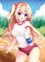  1girl :d blonde_hair blue_bow blue_eyes bottle bow cowboy_shot eyebrows_visible_through_hair fang gym_uniform hair_bow hair_ornament hair_scrunchie highres holding holding_bottle long_hair looking_at_viewer one_side_up open_mouth original outdoors panties panty_peek pink_panties polka_dot red_buruma scrunchie shirt short_sleeves smile solo standing underwear very_long_hair watagashi_yui white_bow white_shirt 