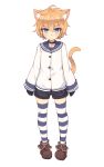  &gt;:( 1boy ahoge animal_ears black_gloves blonde_hair blue_eyes blush boots cat_ears cat_tail full_body gloves highres looking_at_viewer male_focus original shirt shone short_hair shorts standing striped striped_legwear tail 