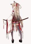  1girl animal_ears bell blush detached_sleeves fox full_body hair_ribbon hilt japanese_clothes long_hair long_sleeves looking_at_viewer original oro_ponzu red_eyes ribbon sheath simple_background skirt solo sword thigh-highs thighs weapon 