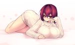  &gt;:/ 1girl alternate_costume breasts eyebrows_visible_through_hair fate/grand_order fate_(series) full_body hair_between_eyes highres large_breasts looking_at_viewer lying no_pants red_eyes redhead ribbed_sweater scathach_(fate/grand_order) simple_background solo sub-res sweater thighs turtleneck white_background 
