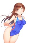  1girl blush breasts brown_eyes brown_hair competition_swimsuit covered_navel cowboy_shot eikisama113 eyebrows_visible_through_hair highres idolmaster idolmaster_cinderella_girls idolmaster_cinderella_girls_starlight_stage long_hair nitta_minami one-piece_swimsuit one_eye_closed simple_background solo stretch swimsuit white_background 