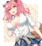  1girl animal_ears aoi_chimaki blush breasts center_opening clothes_around_waist commentary_request erect_nipples fate/extra fate_(series) fox_ears fox_tail from_below large_breasts looking_at_viewer looking_down miniskirt open_clothes open_shirt partially_unbuttoned pink_hair self_fondle shirt short_hair skirt sleeves_folded_up solo sweater_around_waist tail tamamo_(fate)_(all) tamamo_no_mae_(fate) white_shirt yellow_eyes 