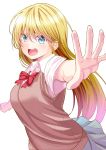  &gt;:d 1girl :d attsun_(atsushi_jb) bangs blonde_hair blue_eyes blue_skirt blush breasts collared_shirt foreshortening hair_between_eyes large_breasts long_hair looking_at_viewer open_mouth original outstretched_arm school_uniform shirt short_sleeves simple_background skirt smile solo sweater_vest teeth upper_body white_background white_shirt wing_collar 