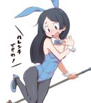  1girl akita animal_ears barbara_(little_witch_academia) bare_shoulders black_eyes black_hair blush bow bowtie broom bunny_girl bunny_tail bunnysuit detached_collar embarrassed fake_animal_ears high_heels leotard little_witch_academia long_hair multiple_girls open_mouth pantyhose rabbit_ears simple_background solo tail white_background wrist_cuffs 