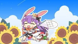  1girl animal_ears arm_wrap black_bow black_shorts blue_sky blush bow bug_cage butterfly_net canvas_texture chibi chibi_only closed_eyes clouds commentary_request crown day desert_wolf_(ragnarok_online) flower foot_wraps full_body gloves hair_bow hand_net highres holding holding_butterfly_net long_hair mini_crown official_alternate_costume open_mouth orange_scarf outdoors purple_hair rabbit_ears rabbit_girl ragnarok_online running scarf shirt shizukushigure shorts sky smile solo sunflower sura_(ragnarok_online) white_shirt wolf_cub yellow_gloves 
