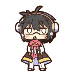  1boy ahoge arch_bishop_(ragnarok_online) black-framed_eyewear black_hair blush brown_coat canvas_texture chibi chibi_only coat commentary_request creature full_body headphones holding holding_creature looking_at_viewer male_focus no_sclera pants ragnarok_online semi-rimless_eyewear shizukushigure short_hair simple_background solo standing under-rim_eyewear white_background white_eyes white_pants 