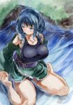  1girl bare_legs bare_shoulders blue_eyes blue_hair blue_swimsuit blush breasts japanese_clothes kimono large_breasts one-piece_swimsuit short_hair solo swimsuit touhou wakasagihime water yohane 