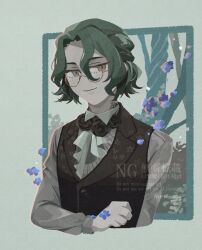  1boy ascot black_flower black_rose black_vest closed_mouth collared_shirt cropped_torso flower forget_me_not_(reverse:1999) glasses green_background green_hair grey_eyes looking_at_viewer male_focus neck_flower nii_(curuma) reverse:1999 rose round_eyewear shirt short_hair smile solo upper_body vest waistcoat watermark white_ascot white_shirt 