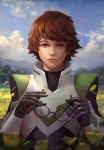  1girl absurdres andy_liong blue_sky blurry brown_eyes brown_hair clouds depth_of_field glasses glasses_removed highres hyakujuu-ou_golion leaf pidge_gunderson short_hair sky solo tree uniform upper_body voltron:_legendary_defender 