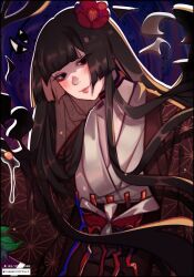  1girl absurdres black_eyes black_hair blush fate/grand_order fate_(series) flower hair_flower hair_ornament highres japanese_clothes kimono komahime_(fate) long_hair maewenmitzuki naughty_face print_kimono sadism sen_no_rikyu_(fate) smile solid_eyes solo type-moon 