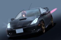  1girl absurdres animal_ear_fluff animal_ears black_hair blue_archive car cat_ears commentary_request driving grey_background halo highres long_hair motor_vehicle name_connection red_eyes red_halo serika_(blue_archive) simple_background threepitz toyota toyota_celica toyota_celica_t230 vehicle_focus 