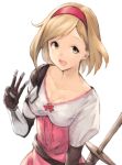  1girl :d blonde_hair breasts brown_eyes cleavage collarbone djeeta_(granblue_fantasy) dress gauntlets granblue_fantasy hairband koretsuki_aduma looking_at_viewer medium_breasts open_mouth short_hair smile solo sword upper_body weapon 