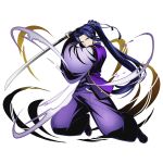 1boy assassin_(fate/stay_night) blue_hair divine_gate fate/stay_night fate_(series) full_body grey_ribbon hair_ribbon high_ponytail holding holding_sword holding_weapon japanese_clothes katana long_hair looking_at_viewer official_art ribbon smile solo sword transparent_background ucmm very_long_hair violet_eyes weapon 