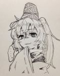  ... 1girl bangs commentary_request efukei eyebrows_visible_through_hair greyscale hair_between_eyes hat long_hair looking_at_viewer monochrome mononobe_no_futo ribbon-trimmed_sleeves ribbon_trim sleeves_past_wrists smirk solo speech_bubble spoken_ellipsis tate_eboshi traditional_media upper_body wide_sleeves 