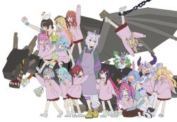  6+girls absurdres ahoge amane_kanata animal_ears apron azki_(hololive) braid cat_ears cat_tail double_bun dragon eyepatch fairy fang hair_bun heart heart_ahoge highres himemori_luna holding_hands hololive hololive_dev_is horns houshou_marine ichijou_ririka imamura_ryou kikirara_vivi kindergarten_uniform la+_darknesss long_hair minecraft mizumiya_su momosuzu_nene multiple_girls nekomata_okayu nekomata_okayu_(1st_costume) omaru_polka oozora_subaru oozora_subaru_(1st_costume) otonose_kanade pekomama rabbit_ears riding_dragon smile subaru_duck tail twin_braids usada_pekora usada_pekora_(1st_costume) virtual_youtuber white_background yukihana_lamy 