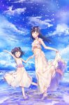  2girls absurdres age_comparison barefoot black_hair blue_sky closed_eyes clouds dress hand_holding head_wreath highres kagerou_project kido_tsubomi long_hair midriff mofukoke multiple_girls navel petals sky smile time_paradox water 