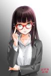  1girl adjusting_glasses bespectacled black_hair business_suit commentary_request dress_shirt formal glasses glasses_day gradient gradient_background green_eyes kurosawa_dia love_live! love_live!_sunshine!! misu_kasumi mole mole_under_mouth parted_lips red-framed_eyewear shirt solo suit 