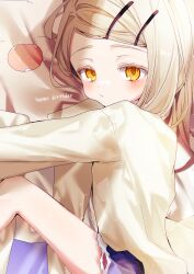  1girl :t absurdres blonde_hair blue_shorts blush body_pillow closed_mouth denim denim_shorts feet_out_of_frame gakuen_idolmaster hair_ornament hairclip happy_birthday hashtag-only_commentary highres hugging_object idolmaster long_hair looking_at_viewer lying on_side orange_eyes parallel_hairclips parted_bangs pillow pillow_hug robe satou_uyu shinosawa_hiro shorts solo white_robe 