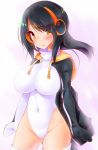  1girl black_hair black_jacket breasts brown_eyes covered_navel cowboy_shot emperor_penguin_(kemono_friends) eyes_visible_through_hair hair_over_one_eye highres impossible_clothes impossible_leotard jacket kemono_friends koha large_breasts leotard long_hair looking_at_viewer multicolored_hair open_clothes simple_background solo thigh-highs white_background white_legwear white_leotard 