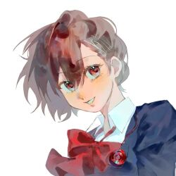  1girl black_jacket bow bowtie collared_shirt gekkoukan_high_school_uniform hair_between_eyes hashtag-only_commentary jacket looking_at_viewer persona persona_3 persona_3_portable red_bow red_bowtie red_eyes red_hair school_uniform shiomi_kotone shirt short_hair smile solo upper_body white_background white_shirt ynjn130129 