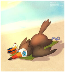  artist_name beach beak bird blue_eyes bluesky_username day fishcrow highres lying no_humans on_stomach outdoors pokemon pokemon_(creature) sand solo trumbeak tumblr_username web_address 