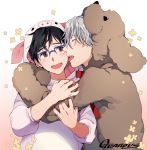  2boys :d animal_costume artist_name black_hair blue-framed_eyewear blush brown_eyes closed_eyes dog_costume face_licking flower gearous glasses hug katsuki_yuuri licking male_focus multiple_boys open_mouth pig_costume silver_hair smile tongue tongue_out viktor_nikiforov yaoi yuri!!!_on_ice 