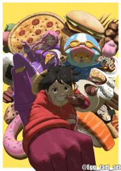  1girl 2boys blue_coat boots burger clenched_hand coat cotton_candy dango doughnut egg_tart_art food french_fries gloves highres holding holding_cotton_candy holding_food holding_pizza jewelry_bonney kamaboko long_hair looking_at_viewer meat monkey_d._luffy multiple_boys narutomaki noodles one_eye_closed one_piece onigiri pink_boots pizza pizza_slice purple_boots purple_thighhighs ramen red_coat simple_background smile sushi takoyaki thigh-highs tony_tony_chopper twitter_username wagashi yellow_background 