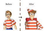  2boys backpack bag before_and_after black-framed_eyewear brown_hair comparison crossover english glasses hat krrn majo_no_takkyuubin male_focus multiple_boys older open_mouth parody revision shirt smile striped striped_shirt teeth tombo wally where&#039;s_wally 