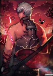  1boy archer_(fate) back bow burnt_clothes clouds fate/grand_order fate/stay_night fate/unlimited_blade_works fate_(series) grey_eyes grey_hair highres maewenmitzuki marble_phantasm muscular muscular_male solo sunset 