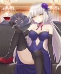 1girl bare_shoulders black_gloves black_legwear blonde_hair blue_dress blurry breasts chandelier cleavage covered_navel cup depth_of_field dress drinking_glass elbow_gloves fate/grand_order fate_(series) flower gloves hair_flower hair_ornament high_heels highres jeanne_alter leg_up long_hair mashu_003 ruler_(fate/apocrypha) solo thigh-highs wine_glass yellow_eyes 