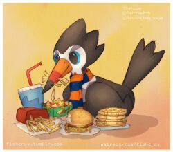  artist_name beak bird bluesky_username border burger commentary drinking_straw english_commentary fishcrow food french_fries no_humans pancake pancake_stack patreon_username pokemon pokemon_(creature) solo trumbeak tumblr_username web_address white_border 