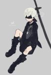  1boy absurdres bangs black_boots black_gloves black_legwear blindfold boots chains character_name closed_mouth double-breasted full_body gloves grey_background highres knee_boots kneehighs legs_apart long_sleeves male_focus nier_(series) nier_automata short_hair simple_background sitting solo sword weapon white_hair yamada_kei yorha_no._9_type_s 