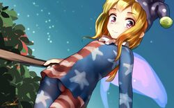  1girl american_flag_dress american_flag_legwear blonde_hair clownpiece dress fairy fairy_wings flat_chest hat jester_cap long_hair long_sleeves microdress neck_ruff pantyhose pink_eyes solo torch touhou u-eruto wings 