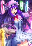  1girl bangs blue_bow book bow breasts capelet cleavage cowboy_shot crystal dress hair_bow hat highres large_breasts long_hair looking_at_viewer magic_circle mob_cap open_mouth patchouli_knowledge purple_hair red_bow shiny shiny_hair solo striped striped_dress sukocchi touhou violet_eyes 