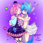  2girls blue_eyes blue_hair bluebell_candy blush braid closed_eyes couple happy hat hug mahou_shoujo_ikusei_keikaku midriff moka_panda multiple_girls pink_hair polearm princess_deluge tiara weapon yuri 