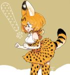  ! 1girl animal_ears bare_shoulders bow bowtie brown_background cat_ears cat_tail clenched_hands cowboy_shot elbow_gloves fang from_side gloves hair_between_eyes kemono_friends l_hakase looking_away looking_down multicolored multicolored_background open_mouth orange_eyes orange_hair polka_dot profile serval_(kemono_friends) serval_ears serval_print serval_tail shirt short_hair signature skirt sleeveless sleeveless_shirt smile solo tail tareme thigh-highs two-tone_background white_background white_shirt yellow_eyes zettai_ryouiki 