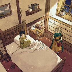  1boy 1girl bag bangle bed bedroom bianca_(dq5) black_eyes black_hair blonde_hair blue_eyes boots bracelet braid brown_boots cane child cloak closed_mouth dragon_quest dragon_quest_v dress green_cloak hands_on_own_hips hero_(dq5) highres inn jewelry lid looking_at_another open_mouth orange_dress rope_belt shoulder_bag toriga twin_braids twintails waking_another waking_up 