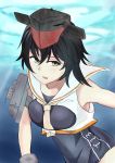  1girl absurdres arm_strap black_hair bow breast_cutout character_name commentary_request hair_between_eyes hairbryereen) highres hst i-13_(kantai_collection) kantai_collection looking_to_the_side neckerchief open_mouth rukialice sailor_collar school_swimsuit shirt short_hair sleeveless sleeveless_shirt smile solo swimsuit swimsuit_under_clothes underwater upper_body yellow_eyes 