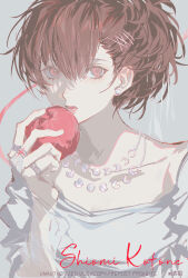  1girl absurdres apple brown_hair character_name chinese_commentary commentary_request earrings food fruit grey_background hair_between_eyes hair_ornament hairclip hand_up highres holding holding_food holding_fruit jewelry long_sleeves looking_at_viewer moon_phases necklace open_mouth pearl_earrings persona persona_3 persona_3_portable portrait qchng red_eyes ring shiomi_kotone shirt solo white_shirt 