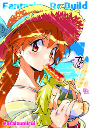 1girl araizumi_rui beach blush dated earrings eating fantasia_re:build food hat highres jewelry lina_inverse long_hair looking_at_viewer orange_hair red_eyes slayers solo straw_hat swimsuit 