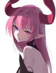  1girl azur_lane black_dress blue_eyes commentary_request dress earrings fine_art_parody girl_with_a_pearl_earring heterochromia horns jewelry long_hair looking_at_viewer mecklenburg_(azur_lane) parody parted_lips pink_eyes pink_hair pink_horns pointy_ears portrait simple_background solo sweet920545 upper_body white_background 