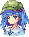  1girl bangs blue_eyes blue_hair blunt_bangs eyebrows_visible_through_hair hair_bobbles hair_ornament hat jpeg_artifacts kawashiro_nitori looking_at_viewer mochi.f short_hair short_twintails simple_background solo touhou twintails upper_body white_background 