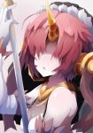  1girl bare_shoulders berserker_of_black between_breasts between_fingers covered_eyes dress elbow_gloves fate/apocrypha fate_(series) gloves hair_over_eyes highres holding holding_weapon horn open_mouth pink_hair short_hair solo veil wadakazu weapon white_dress white_gloves 